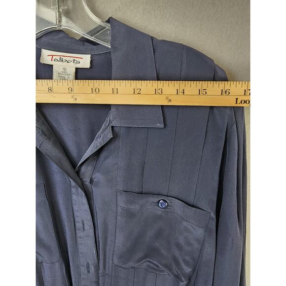 Talbots 100% Silk Navy Shirt Dress Size 10 Collared Button Front Pocket Pleated - Picture 3 of 10